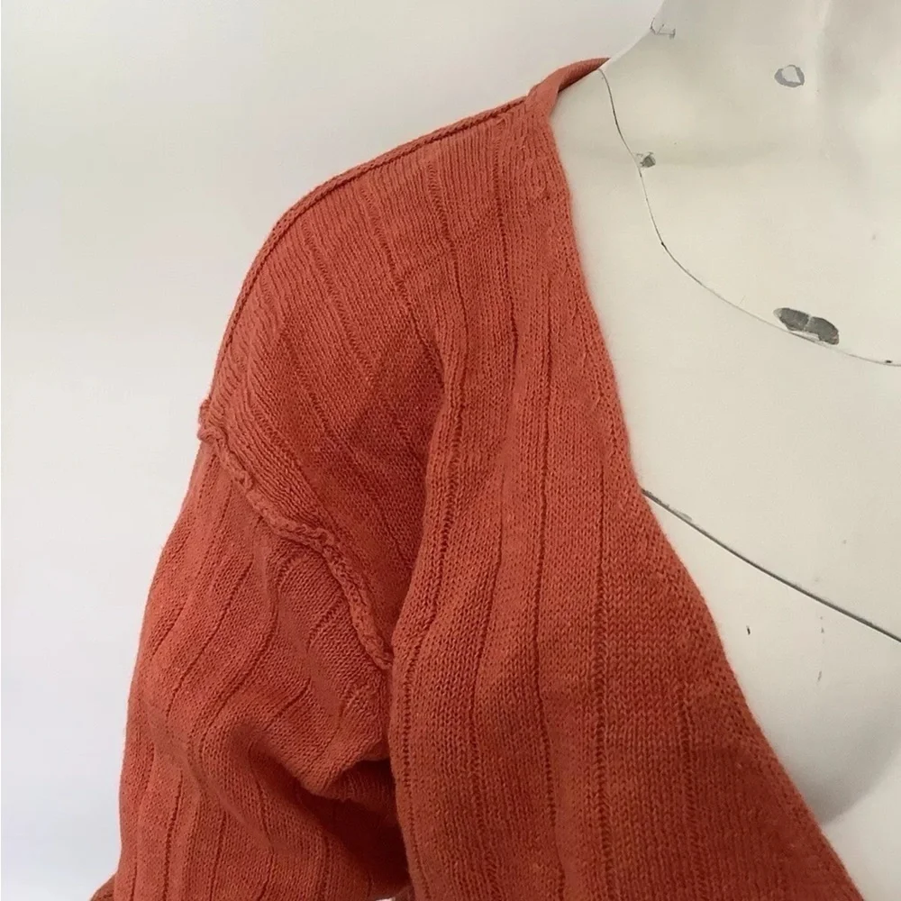 Free People Sz L Wrap Front Cropped Plunge Neck Sweater Red Linen Cotton